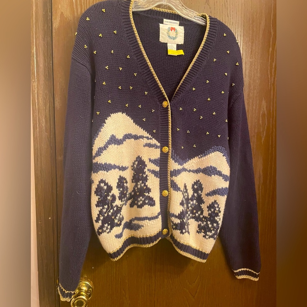 Christopher & Banks Vtg Hand Embroidered Blue Christmas Sweater Cardigan L